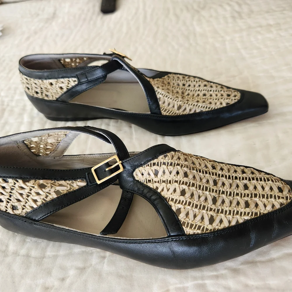 Tibi Wilder Black and Natural Raffia Pointed-Toe Flats